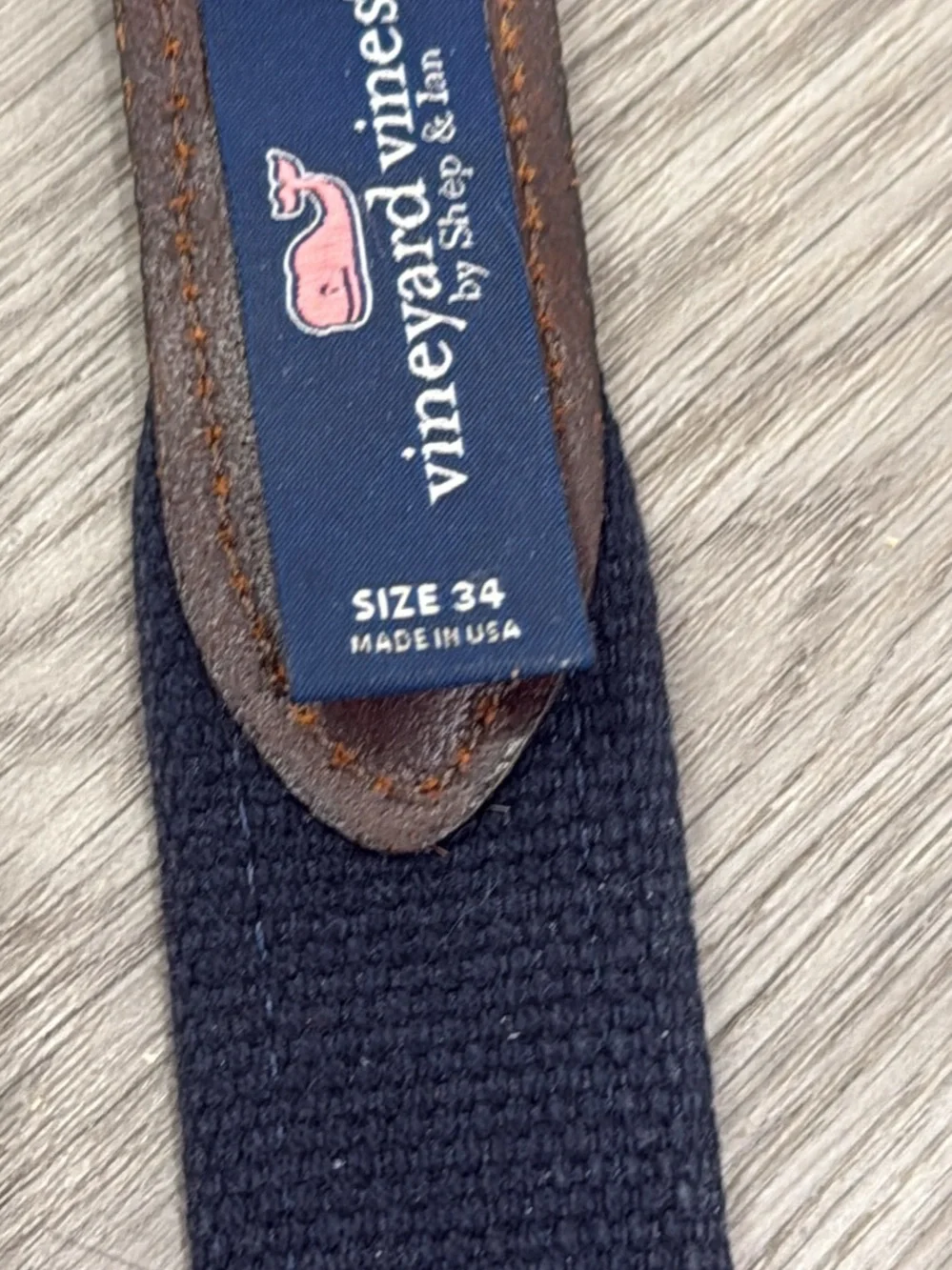 Vineyard Vines Navy Woven Belt with Brown Leather & Gold Buckle